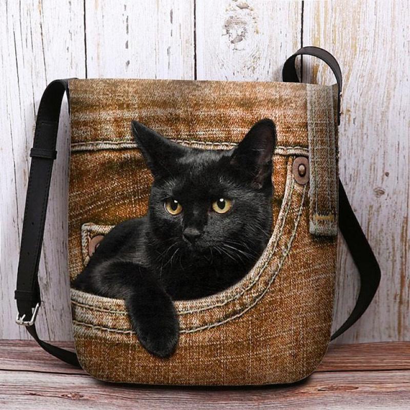 1 Stück Damen -Stil Katze guckt aus der Tasche Umhängetasche - Leichte Polyester verstellbarer Riemen Schultertasche mit Magnetverschluss, Hellblau/Rot 28*25*4cm gelb
