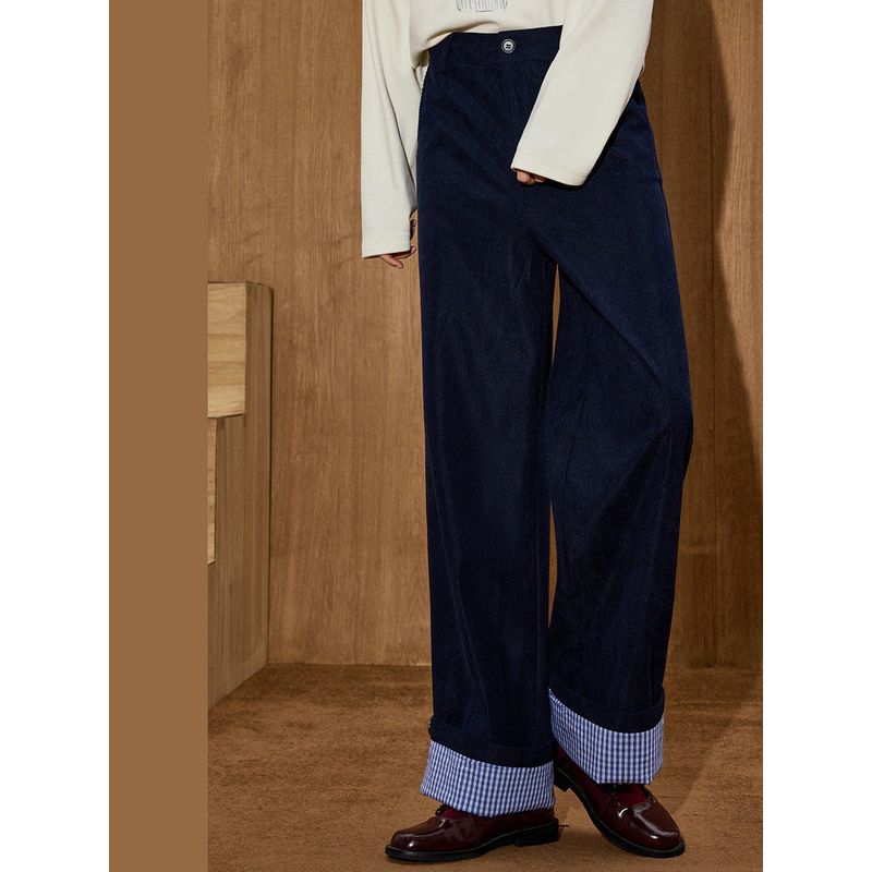 Coolhut Preppy Style Blue Plaid Contrast Corduroy Straight-Leg Slimming Winter New Women's Casual Pants