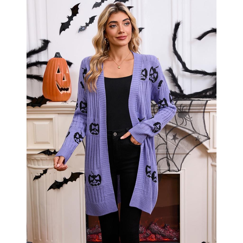 Women's V Neck Long Sleeve Pumpkin Print Knit Open Front Mid Length Cardigan
