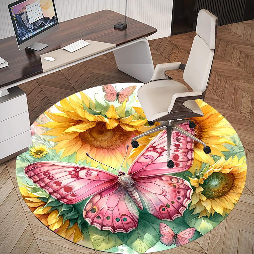 1pc Butterfly Sunflower Round Chair Mat Office Area Rug - Non-Slip, Floor Mat for Office, Bedroom, Ideal Home Decor Gift C0112014