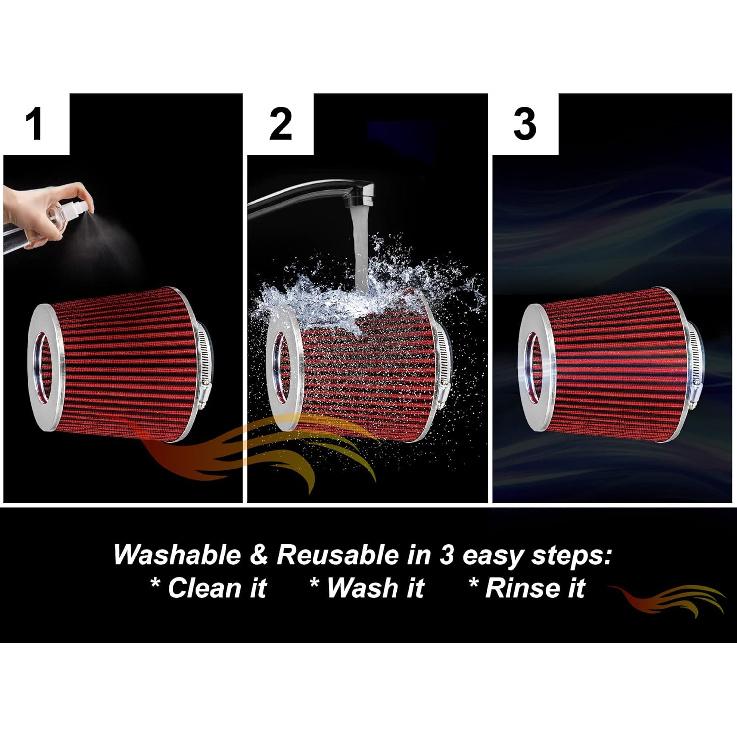 RED 3.5" 89 Mm Inlet Cold Air INTAKE Cone Replacement Performance Washable Clamp-On Dry Air Filter