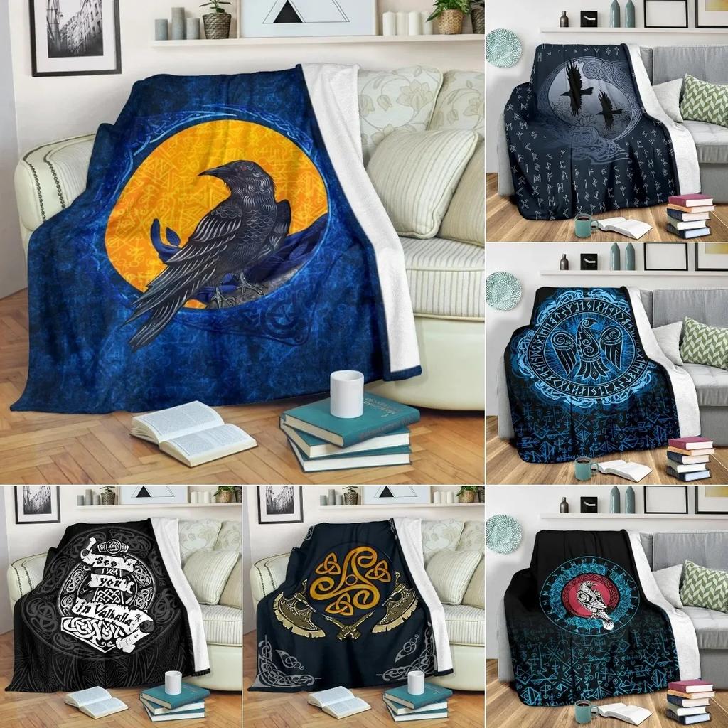 Norse Mythology Flannel Blanket Soft Fleece Throw Blankets for Bedroom Couch Sofa Gift,Viking Crows Scandinavian Runes Blanket