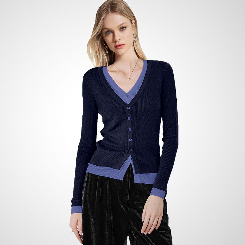 

Western Style V-neck Stylish Niche Style Cardigan Fake Two-Piece Blue S
