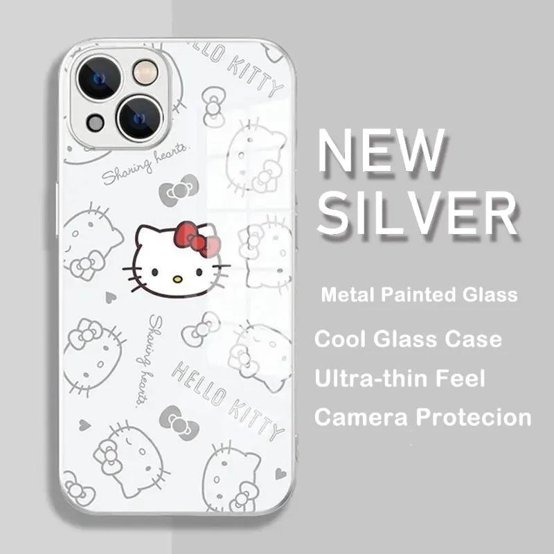 

Ins New Hello Kitty Metallic-Color Phone Case For IPhone X XR XS 16 15 14 13 12 Mini 11 Pro Max 7 8 SE 20 Plus Glass Hard Cover IPHONE12PRO