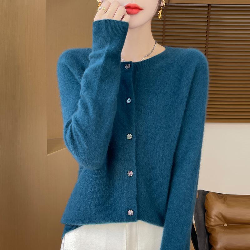 Damski kardigan płaszcz ze 100% czystej wełny z okrągłym dekoltem - Luźny sweter dzianinowy ściegiem podwiązkowym