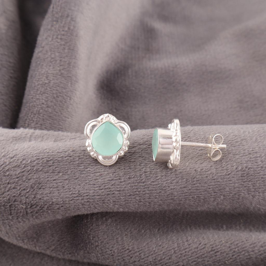 Aqua Chalcedon Edelstein Ohrringe 925 Sterling Silber Handgefertigter Schmuck Boho Stecker EE-159-15