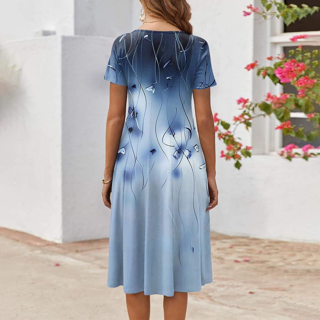 Women's Casual Fashion Round Neck Short Sleeve Print Midi Dress