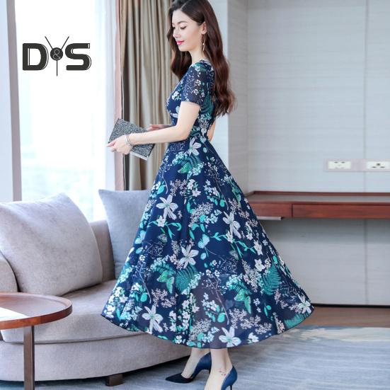 Dámské letní šaty s květinovým potiskem Plážové šaty do půli lýtek s upnutým pasem Krátký rukáv s kulatým výstřihem Šaty do A na prázdninové párty