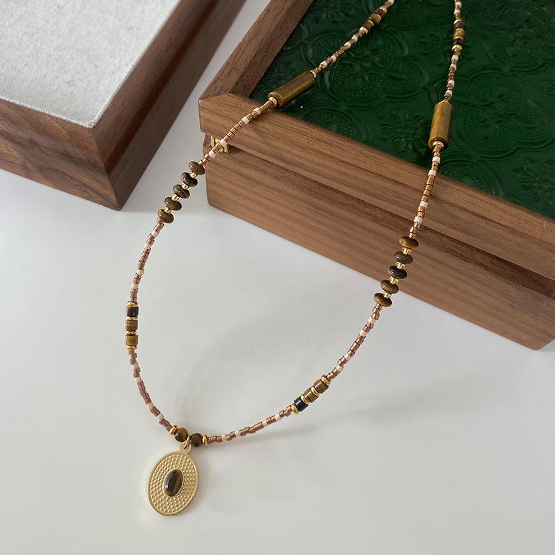 Tiger'S Eye Beaded Halskjede Maillard Oval Premium Genserkjede Titanium Stål Vintage Coffee Naturstein Clavicle Chain