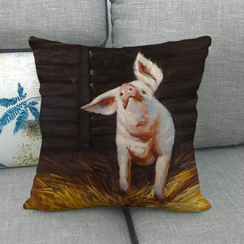 Oil Painting Of Animals - Pigs And Sheep Digital Printing Short Plush Pillow Covers For Car Sofa Office Cushion Cover Home Goods