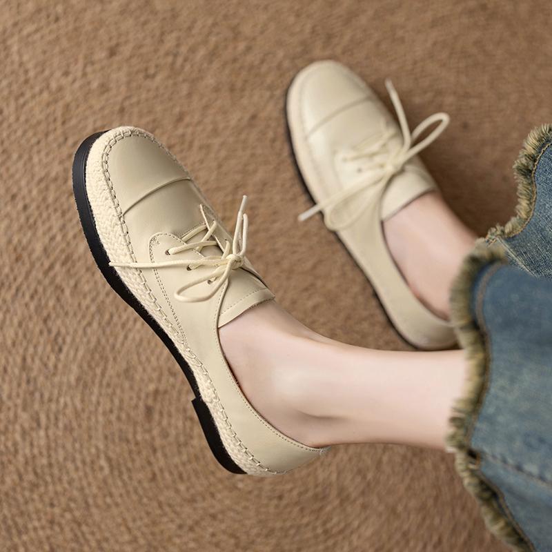 Fashion Women's new leather cowhide lace up woven fabric round toe low heel comfortable plus size single shoe casual shoes