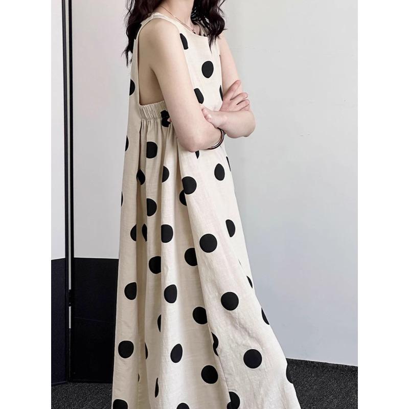 Light-colored Sleeves Cut, Shoulders Dug, Polka Dots Cotton and Linen Vest, Dress Forwomen,simple and generousKorean Atmosphere, Old Money Style Skirt