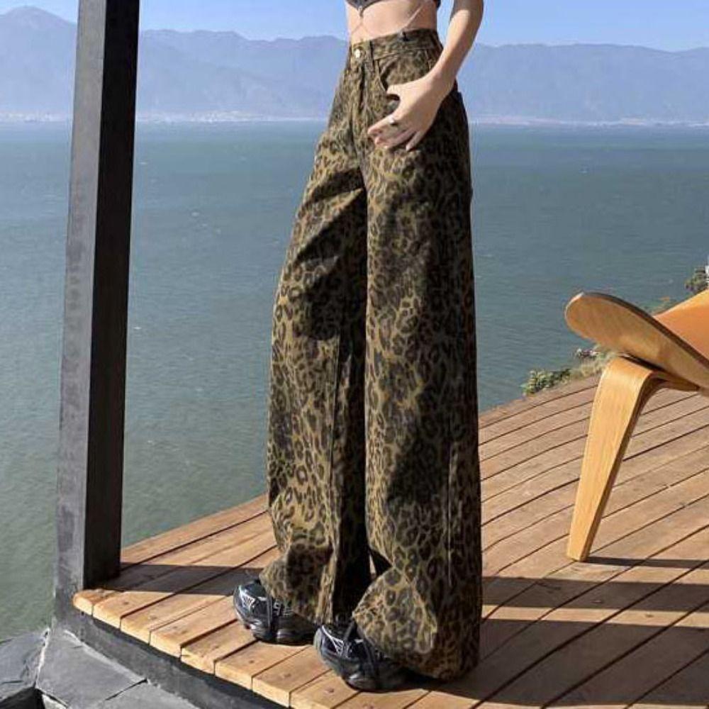 Wide Leg Leopard Print Jeans Straight Leg Cowboy Pants Soft Jeans Women Y2k Girls