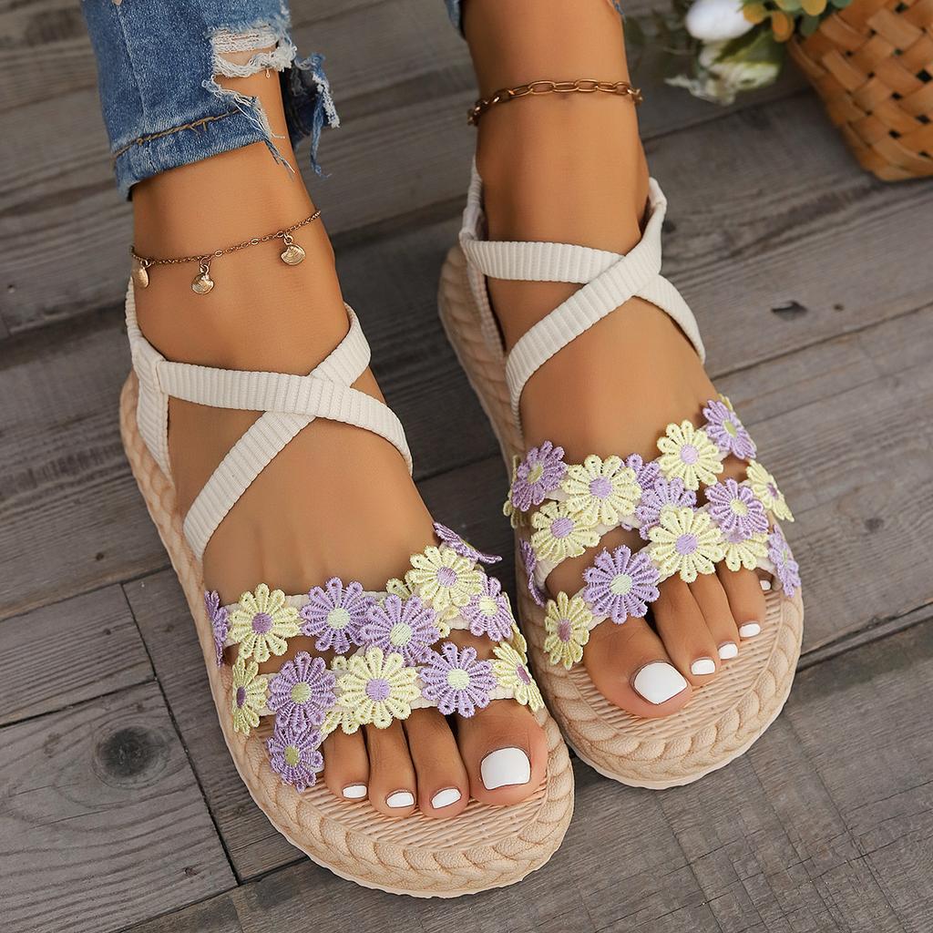 New Fashion Hundred Women's Cross Strap Flower Sandals - Non-Slip Wearable Fairytale Style Indoor and Outdoor Summer Shoes