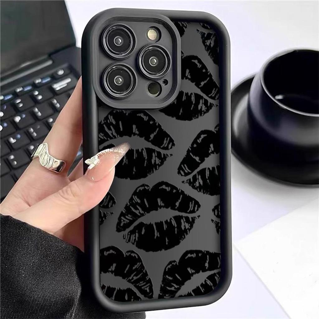 Black Lip Print Sandpaper iPhone 15/16/17 Case with Sky Eye Groove