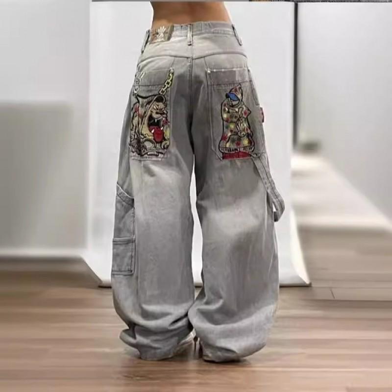 Mens Gothic Streetwear Denim Pants Loose Straight Cut Water Washed Cotton Jeans Youth