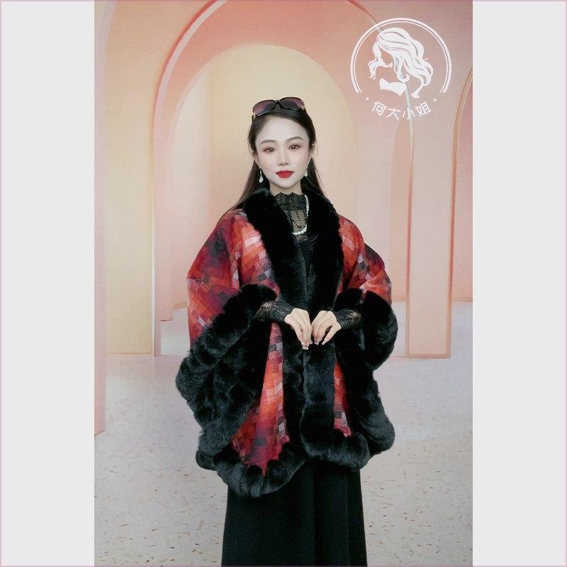 Cloak Shawl Versatile Loose Hair Collar Plaid Cloak Woolen Jacket Female 1181 #