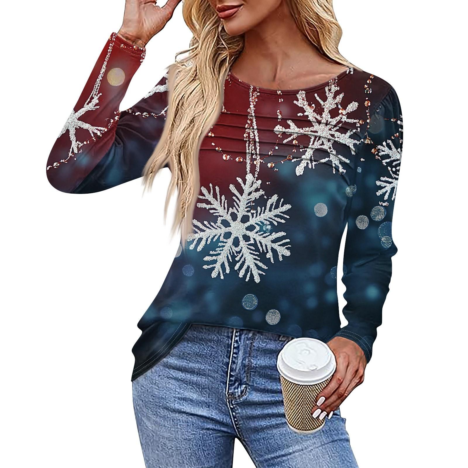 Женская повседневная модная футболка с круглым вырезом и длинными складками на Рождество — фото 9