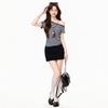 Navy blue striped diagonal neck off-shoulder short-sleeved T-shirt women's summer slim-fitting and thin diagonal shoulder rivet 