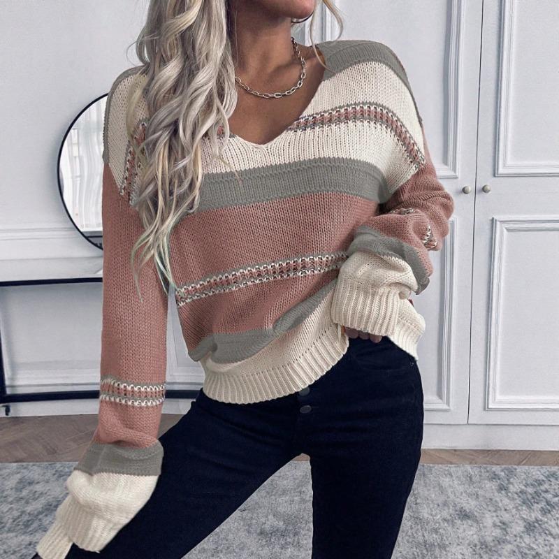 Women S V Neck Striped Spliced Loose Knit Pullover Sweater