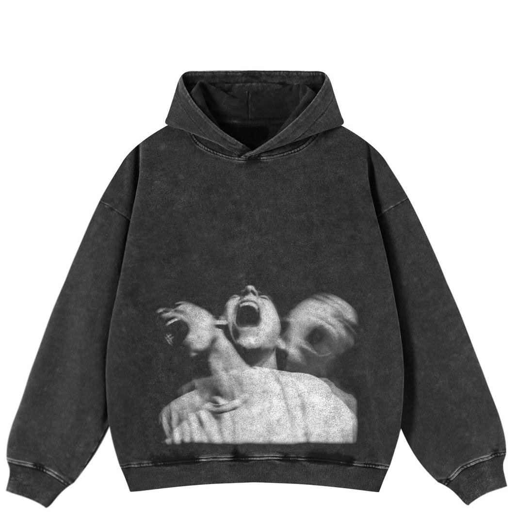 

Streetwear Silent Scream Graphic Side Pockets Pullover Unisex Oversized Washed Black Hoodie S чёрный