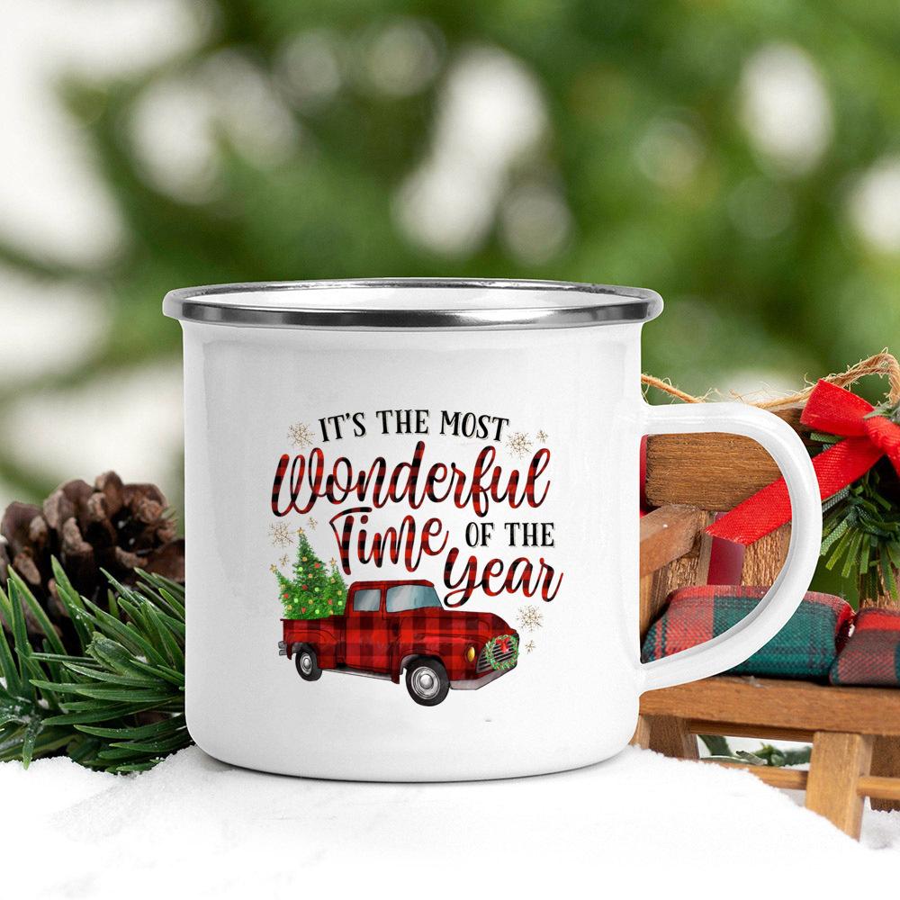Christmas Tree Deer Truck Print Enamel Mugs Coffee Cups Christmas Party Dessert Hot Cocoa Chocolate Cup Gifts for Friends Family