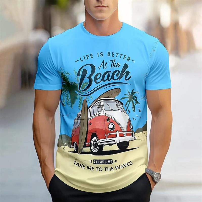 Casual Bus Graphic Beach T Shirts Fashion Summer Short Sleeve Mens Crew Neck 3D Printed T-shirts Loose Vacation Holiday Tees