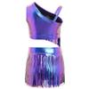 Children’s Sparkly Metallic Fringe Asymmetric Top and Stretchy Waist Shorts Set for Jazz Dance Stage Show Theme Party