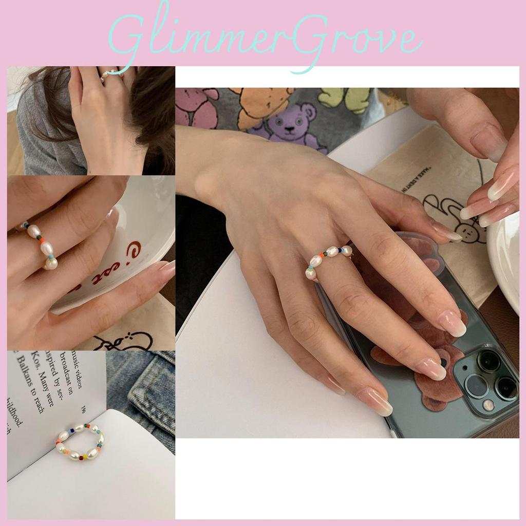Stylish Korean Ddp Geometric Pearl Ring With Adjustable Elastic Band For Women