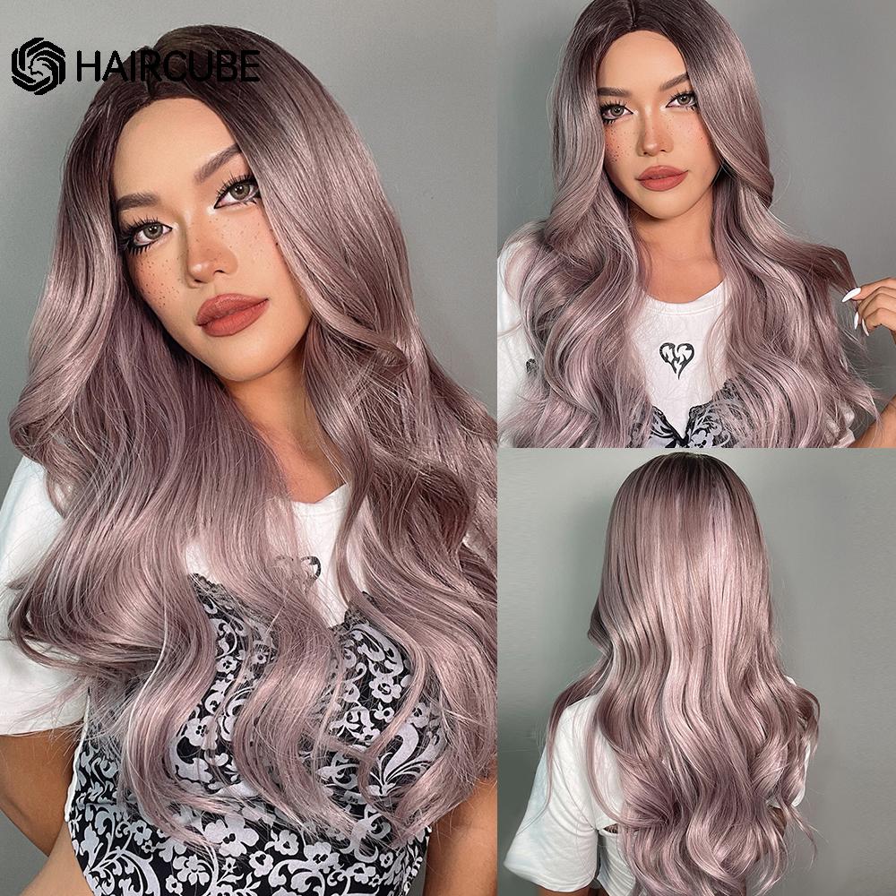 HAIRCUBE White Platinum Mixed Brown Synthetic Wigs Long Wavy Natural Hair Wigs for Women Middle Part Daily Heat Resistant Wigs