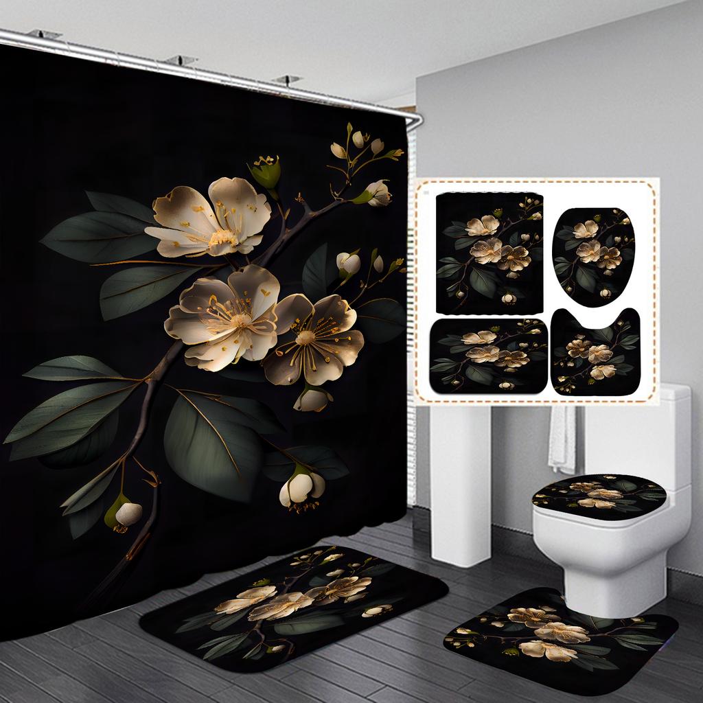 4Pcs Painted Floral Shower Curtain Set with Non-Slip Bath Mat, Toilet Lid Cover, Contour Rug & 12 Hooks, Bathroom Decor