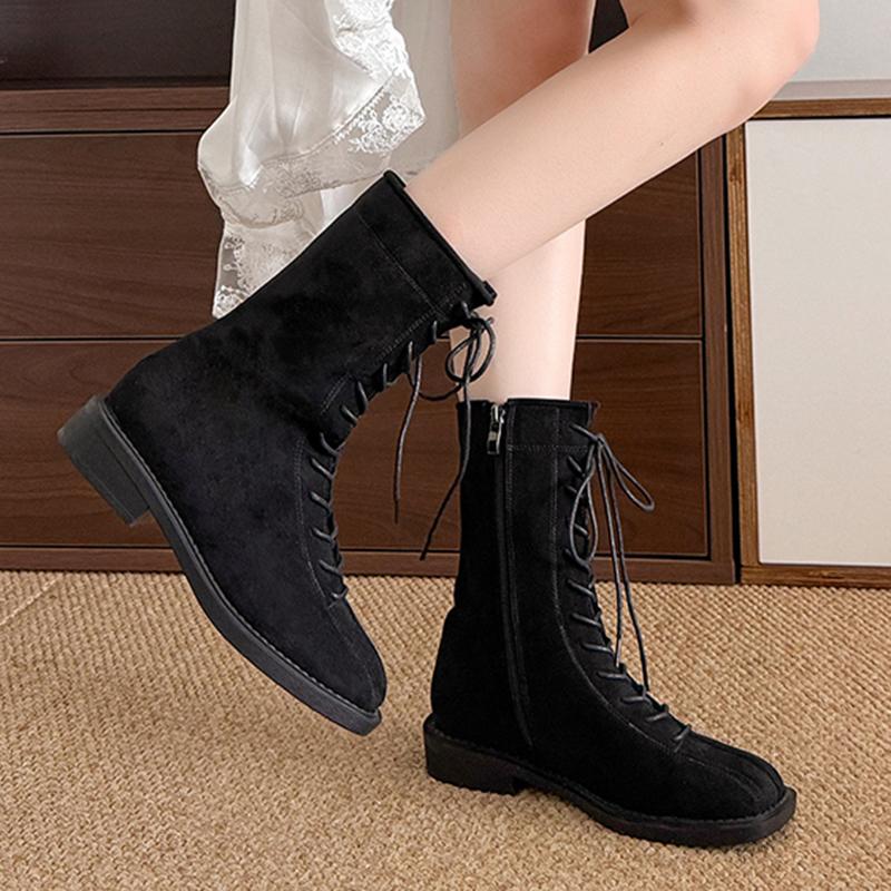 Fashion Fashion Cross Lace Up Mid Calf Boots Women Autumn Winter Low Heels Faux Suede Boots Woman Zipper Square Toe Short Booties Mujer