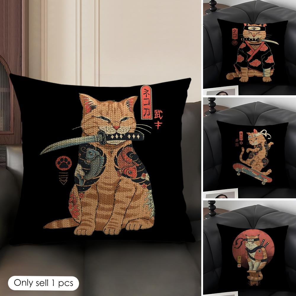 Japanese Style Samurai Cat Cushion Cover Natural Linen Organic Fabric DoubleSided Printing Sofa Home Decor Gift Pillow Case