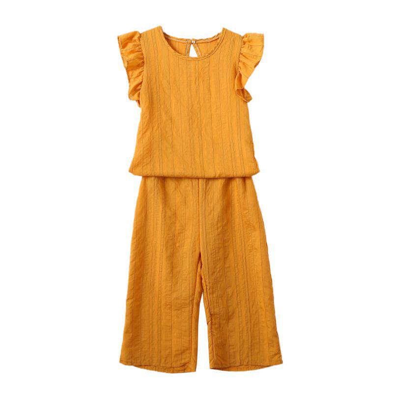 

Летние повседневные футболки с расклешенными рукавами для маленьких девочек, топы + укороченные брюки, костюмы, комплект костюмов 130 жёлтый