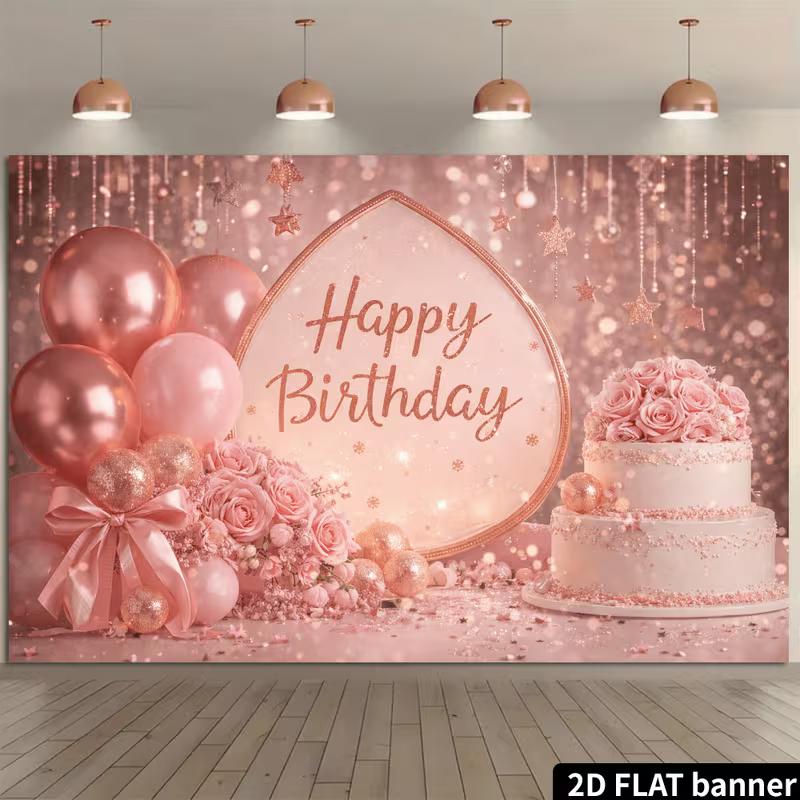 

2D Rose Gold Happy Birthday Backdrop with Pink Balloons & Floral Cake 47.2x31.5inch/120*80cm