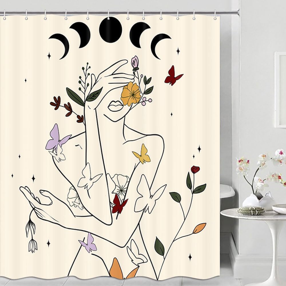 Black Line Female Face Shower Curtain Floral Butterfly Silhouette Simple Art Aesthetic Bathroom Decorative Curtain Waterproof