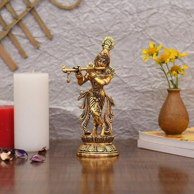 Idolo Statua di Lord Krishna Idoli di Krishna Placcato Oro Krishna che Suona il Flauto Soprammobile Decorativo Figurina per Sala Pooja e Regalo (Set di 1)
