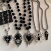Gothic Bat Cross Dark Thorn Love Heart Pendant Black Bead Stacked Necklace Y2K Personalized Halloween Charm Grunge Jewelry Gift