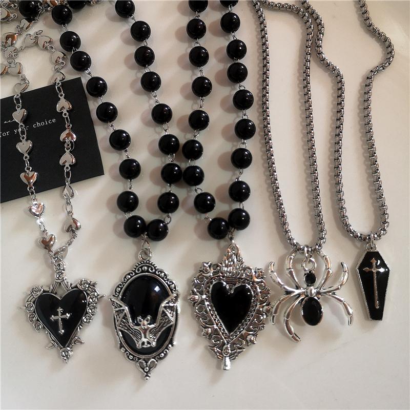 Gothic Bat Cross Dark Thorn Love Heart Pendant Black Bead Stacked Necklace Y2K Personalized Halloween Charm Grunge Jewelry Gift