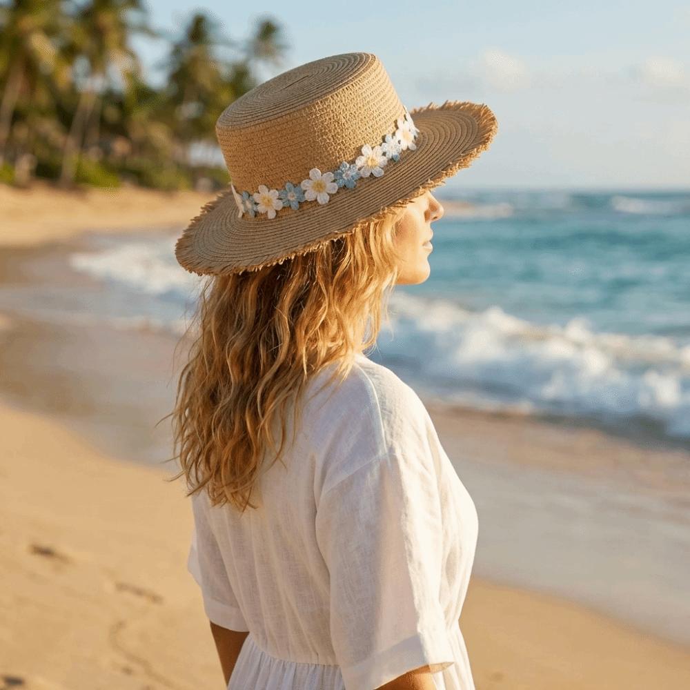 Breathable Wide Brim Flower Straw Hat Sun Protection Flat Top Sunscreen Sun Hat Panama Hat UV Protection Visor Cap Men