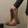 Fashion New Style Luxury Plus Plush Leather Western Mid Calf Boots Embroider Women Autumn Winter Ankle Boots Ladies Boots Zapatos Mujer