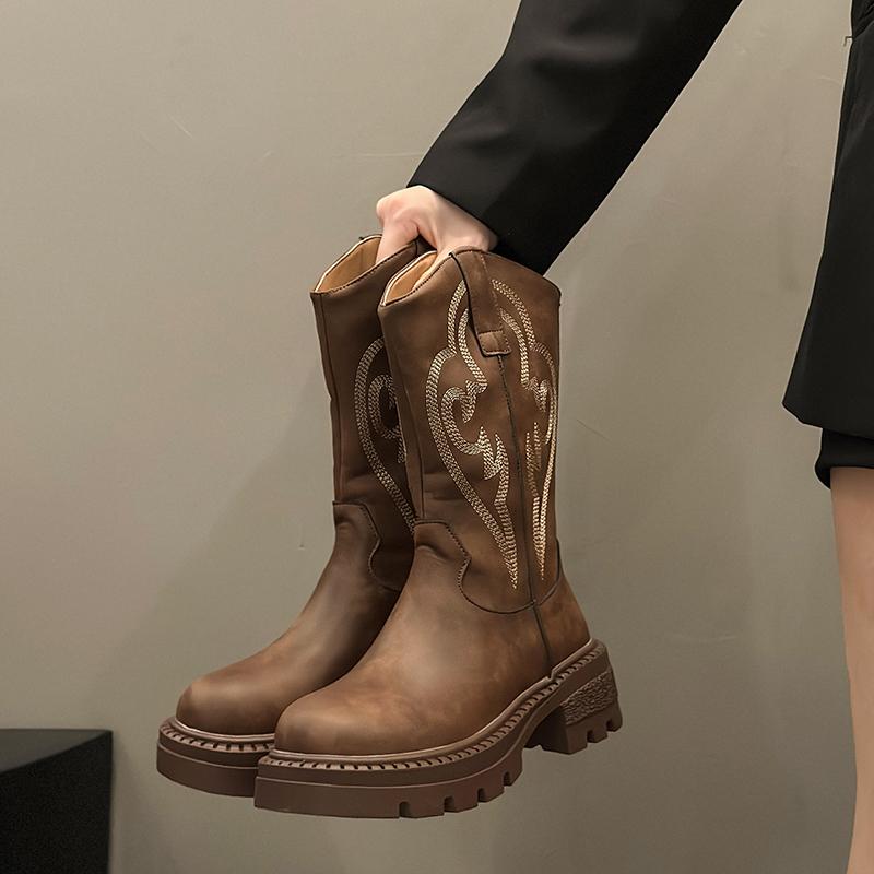 Fashion New Style Luxury Plus Plush Leather Western Mid Calf Boots Embroider Women Autumn Winter Ankle Boots Ladies Boots Zapatos Mujer