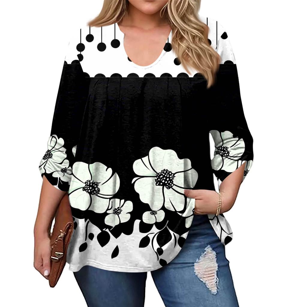 Top casual plisat cu mânecă lungă și gât rotund, cu imprimeu, pentru femei plinuțe