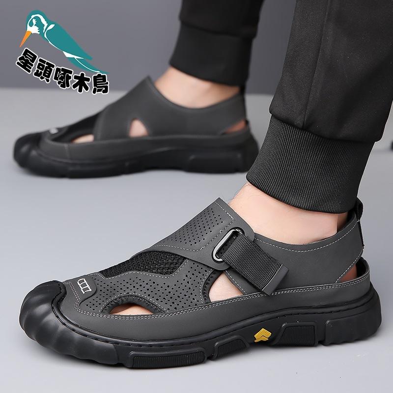 Men's shoes genuine leather 2025 new men's summer bag head mesh casual shoes breathable non-slip hole shoes