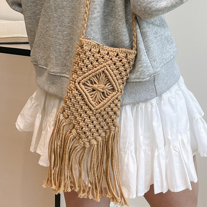 2025 Summer New High-value Handmade Cotton Thread Woven Bag Shoulder Underarm Bag Straw Woven Bag Hollow Beach Bag