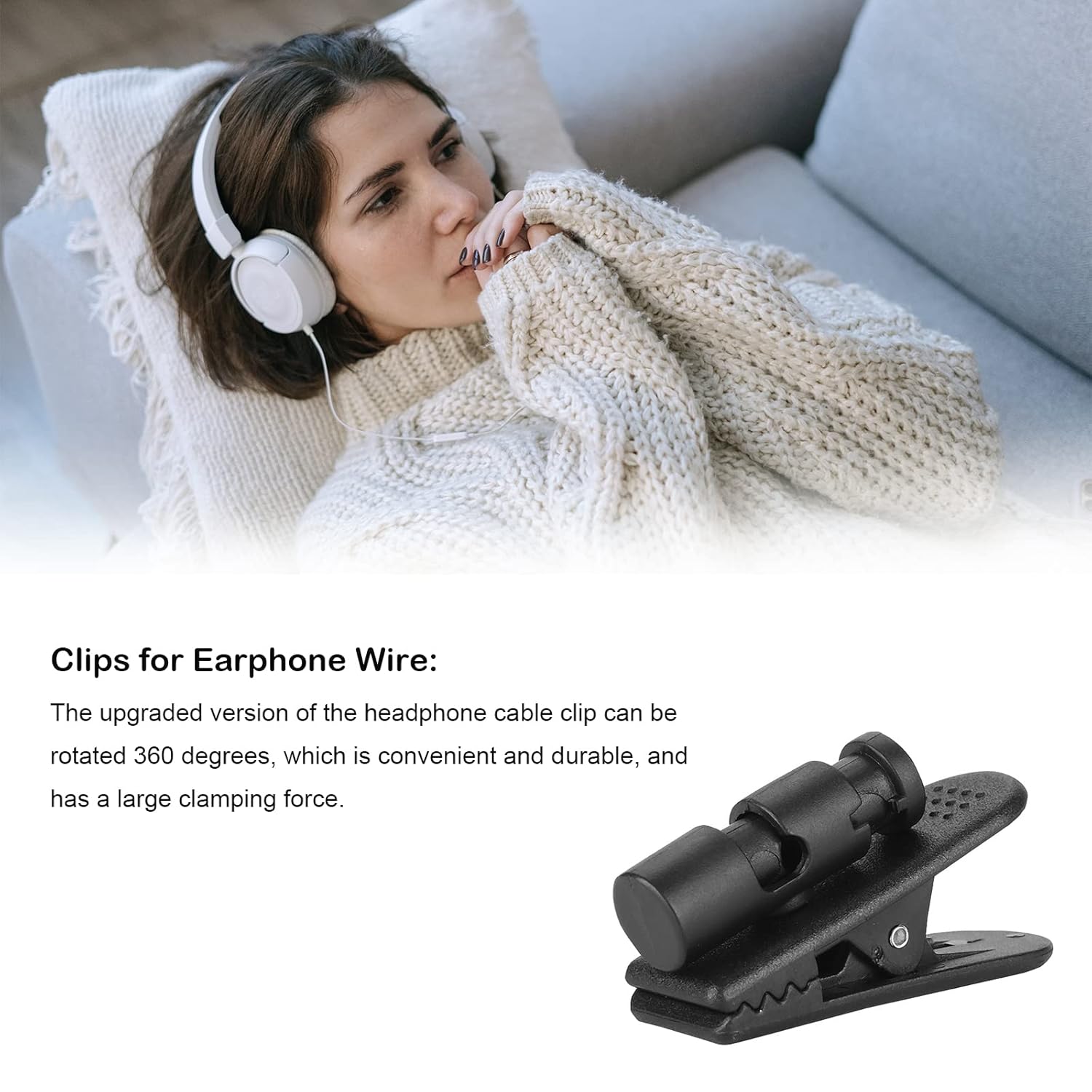 ASHATA 2 Pieces Headphone Clips for Earphone Wire 360 Degree Rotate Earphone Cable Clothing Clip for Fixing 2-4mm Headphone Wire (Black)