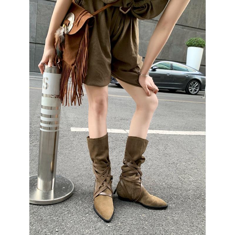 Sheepskin~ Leather Pointed Pile Boots Women's Western Cowboy Boots Vintage Strap Mid-Tall Knight Boots