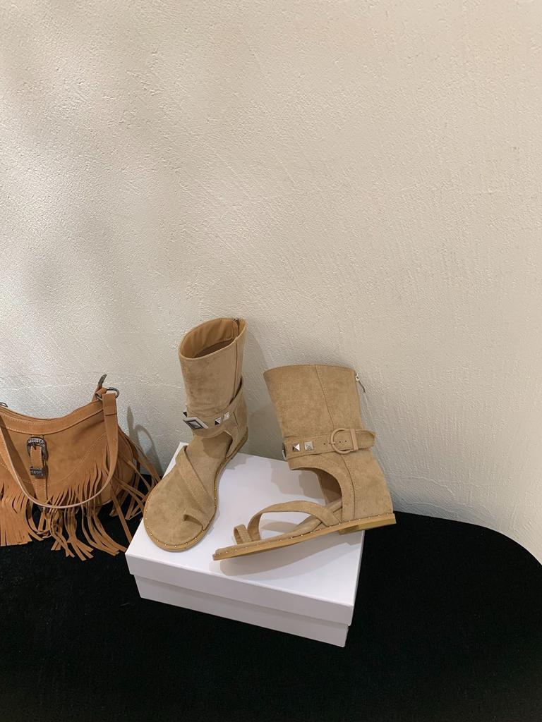 2025 European and American New Fashion Inner Height Increase 5.5CM Toe Sandals Slope Heel Roman Women's Rivets Casual Cool Boots