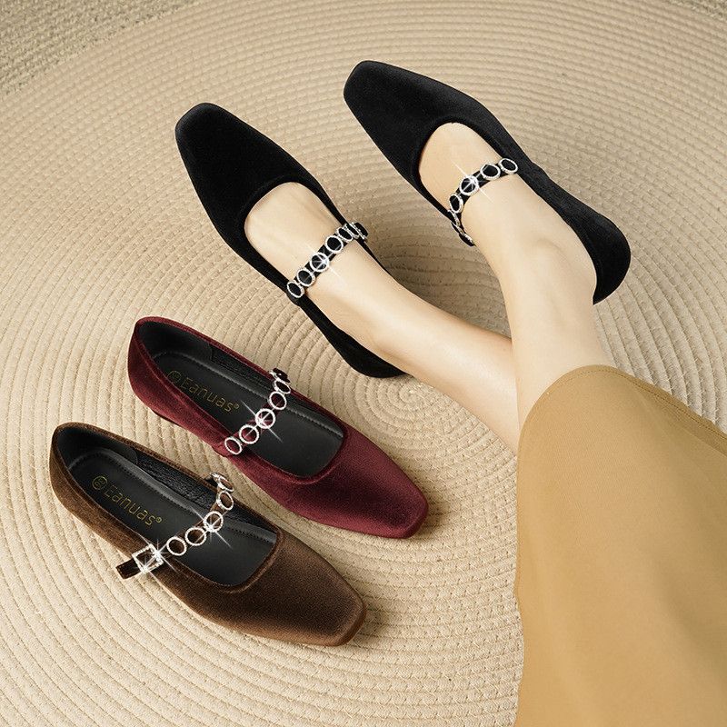 Retro Square Head with Rhinestone Shoes Thick Middle Heel Suede Mary Jane Shoes 2025 Heightened Autumn and Winter New Models