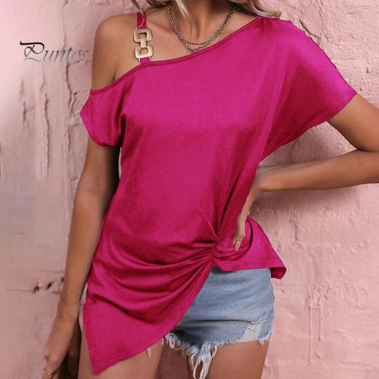 Tops Chain Shoulder Strap Short Sleeve Irregular Hem Shirring Tee Top Women T-shirt Skew Collar One Loose Pullover